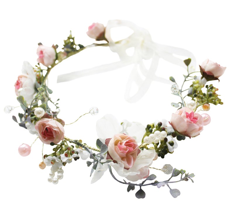 Vivivalue Floral Halo Boho Flower Headband Floral Crown Headpiece Hair Wreath with Ribbon Wedding Party Prom Photos Festival Pink - Image 1